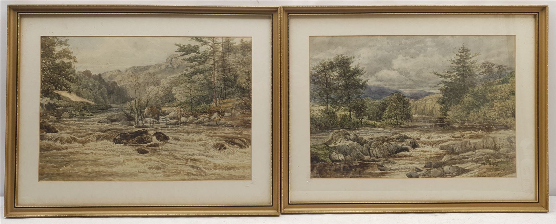 Cecil Thomas Hodgkinson (British 1895-1979): Serene Loch Landscapes, pair watercolours signed 33cm x 48cm; English School (19th/20th century): Waterfalls, pair watercolours unsigned 33cm x 48cm (4)