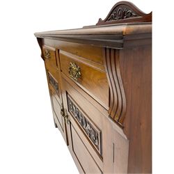 Late Victorian walnut side cabinet, raised shaped back relief carved with anthemion and scrolled foliage, fitted with two drawers over two cupboards
