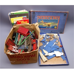  Meccano - quantity of Aeroplane Constructor parts in No.2 set box, large quantity of loose construction sections in red, green etc, clockwork motor and various instruction booklets, Hornby Dublo and Tri-ang model railway catalogues etc  