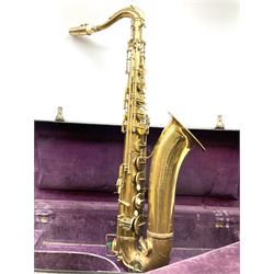 Brass tenor saxophone by Adolphe SAX, 84 Rue Myrha, Paris,  No.938 serial number 12097, H75cm excluding crook; in hard carrying case bearing plaque for Henri Selmer