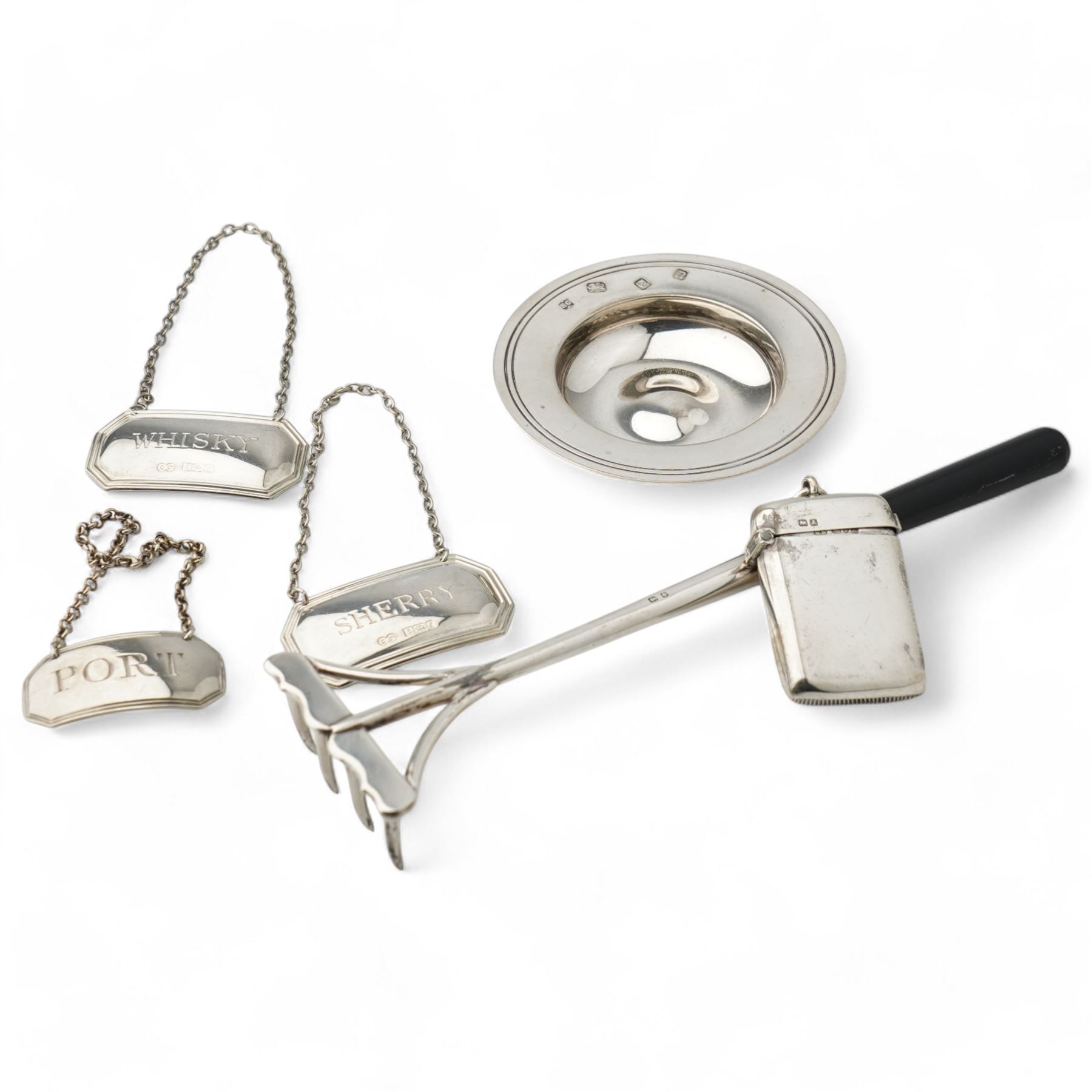 Edwardian silver miniature hay rake with ebonised handle L20cm Birmingham 1908 Maker T H Hazlewood & Co., pair of silver decanter labels 'Whisky' and 'Sherry' Birmingham 1985, another 'Port', silver vesta case and small silver dish D8cm