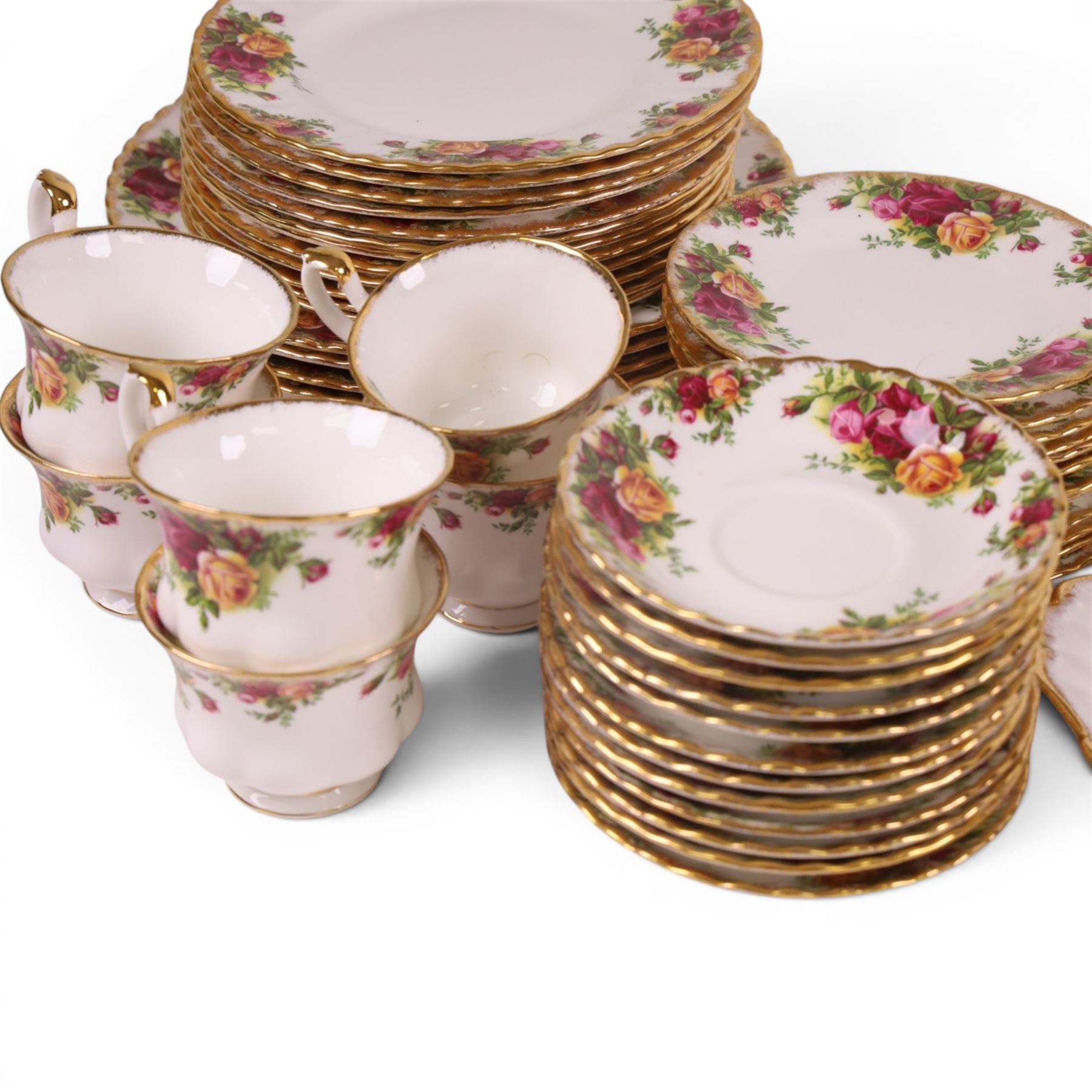 Royal Albert Old Country Roses tea and dinner service for twelve, including teapot, milk jug,  covered sucrier, cups and saucers, dinner plates, side plates, bowls etc