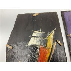 Michael J Whitehand (British 1941-): Three oil paintings of ships on slate signed, largest H40cm, L75cm