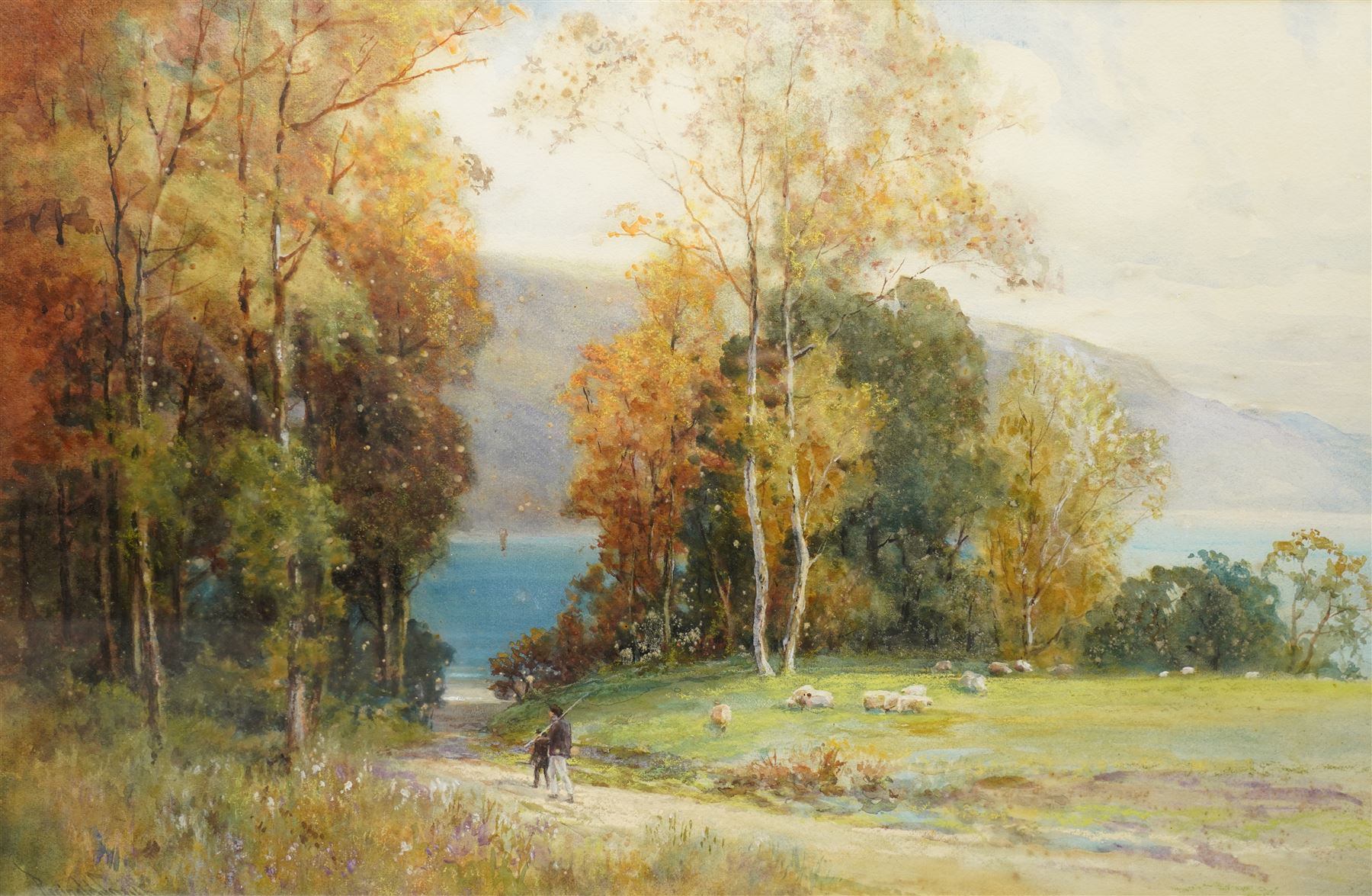 Reginald Smith (British 1855-1925): Anglers in the Lake District, watercolour signed 45cm x 68cm