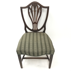  Early to mid 19th century set seven (6+1) mahogany Hepplewhite style dining chairs, upholstered serpentine seats, square tapering reeded supports, W57cm  