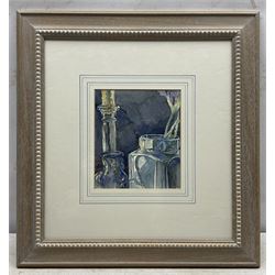 Catherine J Stephenson (Yorkshire 1967-): Seagull at Whitby Harbour and Still Life of Jars, two watercolours signed 30cm x 13cm and 19cm x 16cm (2)