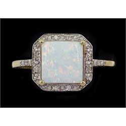  9ct gold opal and diamond cluster ring, hallmarked