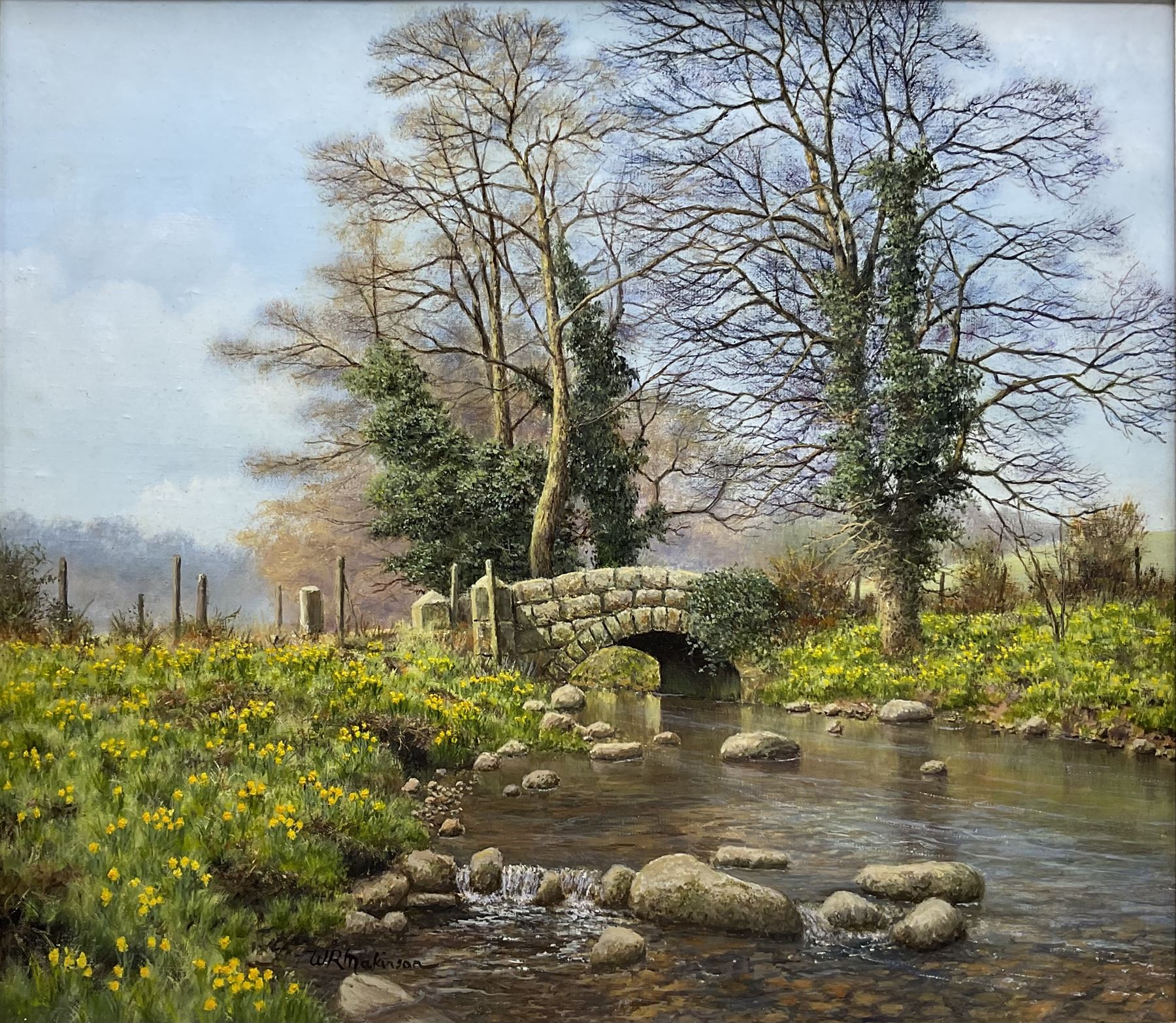 William R Makinson (British 20th Century): 'Daffodil Bridge', oil on canvas signed, titled verso 34cm x 40cm 