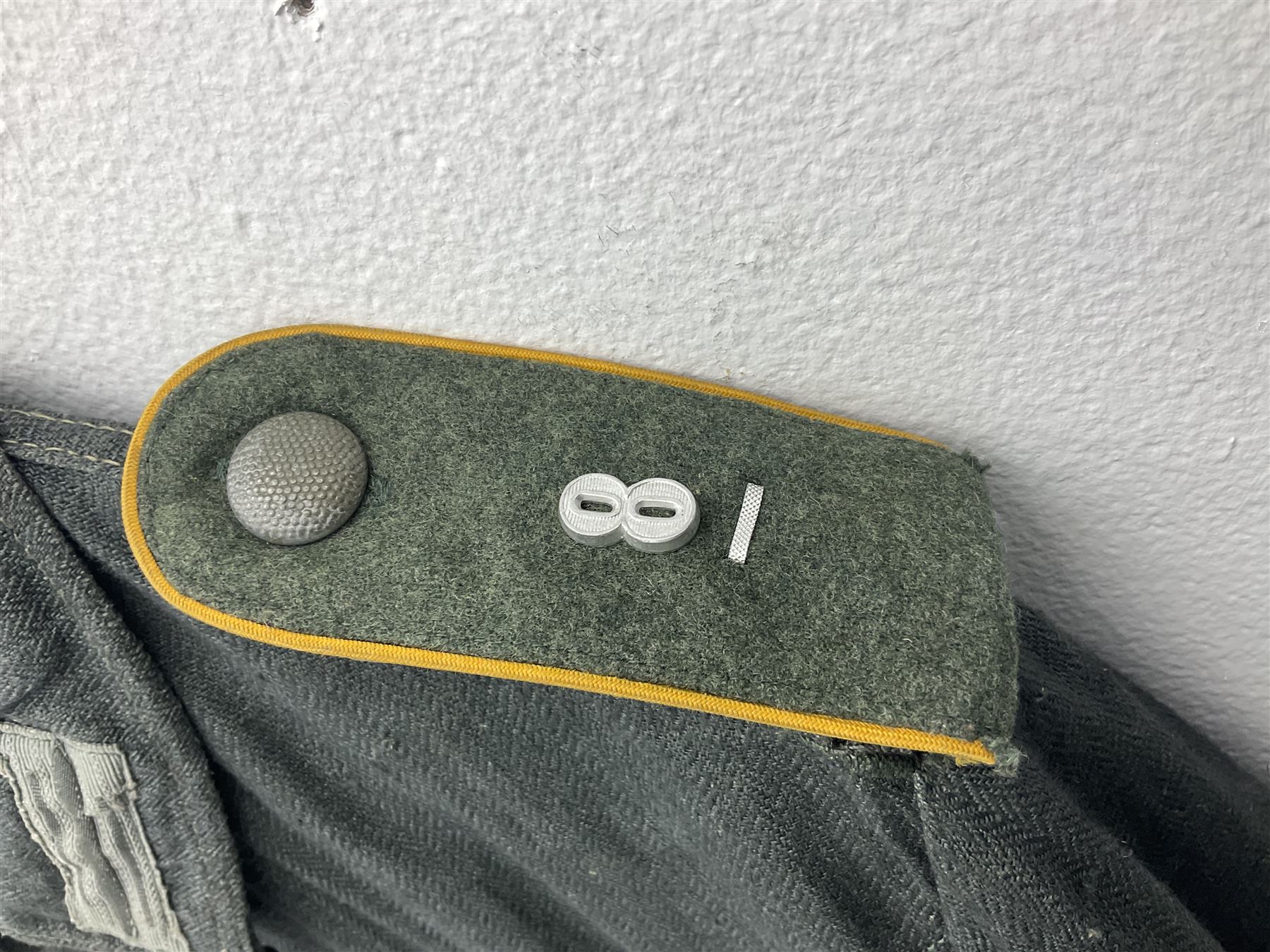 WW2 German Army grey/green herringbone twill four pocket tunic with shoulder tabs for signals regiment, cloth eagle insignia and iron cross ribbon