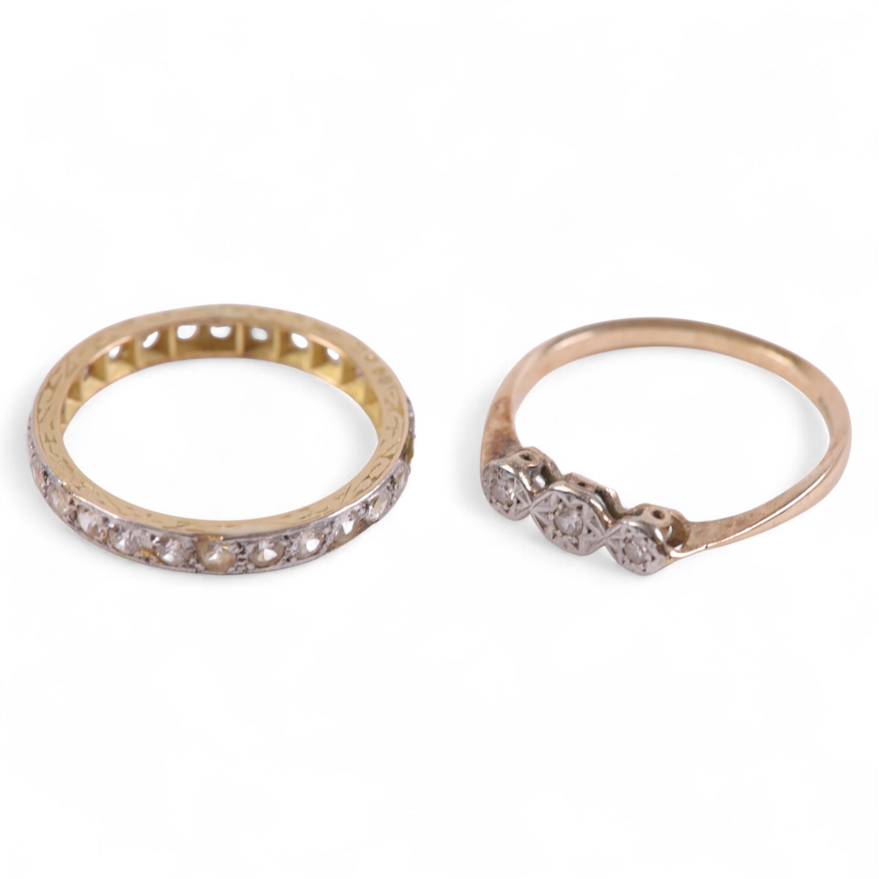 18ct gold white spinel and cubic zirconia full eternity ring, together with a 9ct gold three stone diamond chip ring, hallmarked 