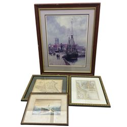 Jack Rigg (British 1927-2023): On the Quayside, signed print; together with a David C Bell watercolour and two maps (4)