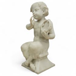 Follower of Claude Michel Clodion (French 1738-1814): The Putti-Faun Orchestra - set of four Italian carved white marble figures of child satyrs as musicians, each finely carved figure depicting a seated putto-faun with youthful features and small goat’s legs and cloven feet, variously playing rustic instruments: a syrinx (Panpipes), a flute, a tambourine and clappers - each raised on an integral waisted square plinth, Italian, circa 1900

Provenance: Kirkham Hall

Notes: Inspired by the rustic god Pan and his followers, these putti-fauns reflect the late-19th-century revival of classical themes popular with Grand Tour collectors; their instruments evoke the god Pan’s pastoral music, while the carving and  composition exemplify the appeal of bacchic subjects in the Italian neoclassical tradition