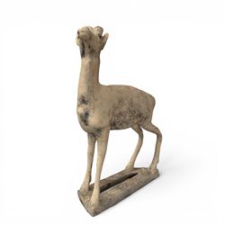 Pair of cast stone garden deer in a weathered finish with two loose antlers