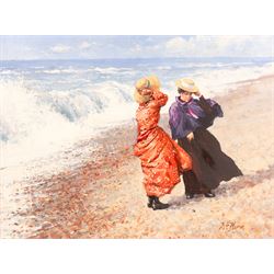 Dianne Elizabeth Flynn (Northern British 1939-): Ladies on a Windy Beach, oil on canvas si...