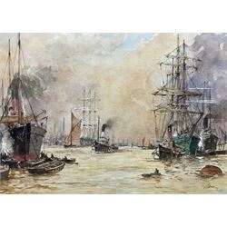 After Charles Edward Dixon (British 1872-1934): Busy Shipping in the Thames, mid 20th century watercolour indistinctly signed 35cm x 49cm