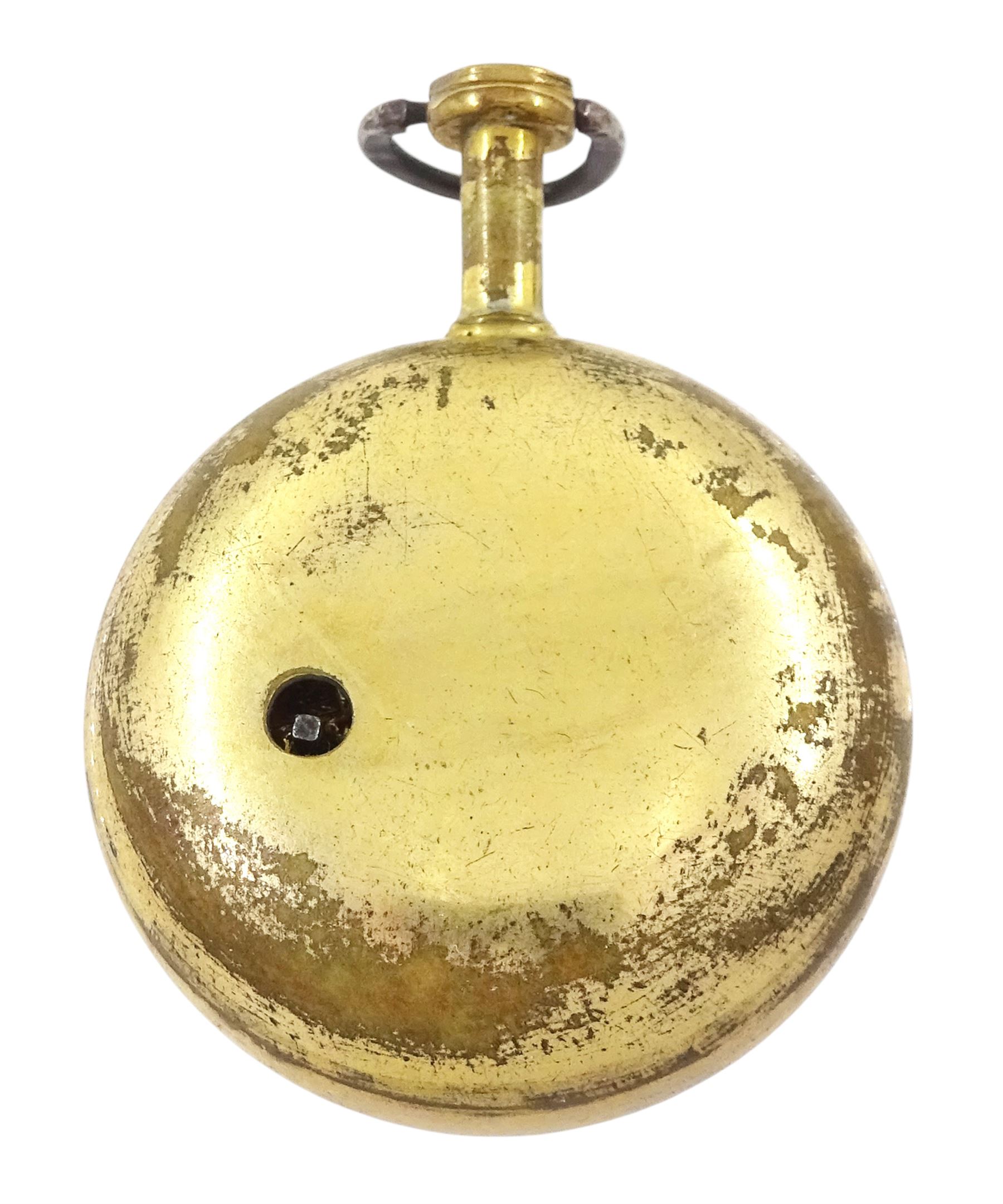 19th century gilt metal, triple cased verge fusee pocket watch, for the Turkish market by Edward Prior, London, No. 62801, pierced and engraved balance cock decorated with a classical urn, white enamel dial with Turkish hour markers, the outer tortoiseshell case, with pique work borders
