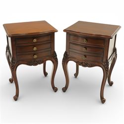 Pair of French Rococo design bedside chests, with serpentine fronts, two drawers, brass ha...