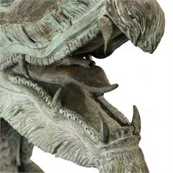 Verdigris hand finished cast brass Chinese Dragon garden centre-piece fountain, scaled dragon with gaping jaw holding an orb, curled tail on wave cast base