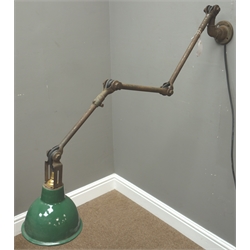  1930's/ 40's Dugdills machinist's wall/ table mounted lamp, articulated tubular iron stem and green enamelled shade, total length 130cm, re-wired (This item is PAT tested - 5 day warranty from date of sale)   