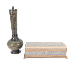 Indian inlaid Sadeli box, together and an Indian metal lamp base with engraved floral deco...
