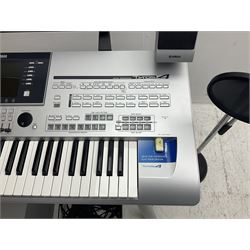 Yamaha Tyros 4 Digital Workstation keyboard with three-piece Option Speaker System TRS-MS04, foot control, various cables and stand; together with a Peavey microphone stand and Shure SM58S microphone