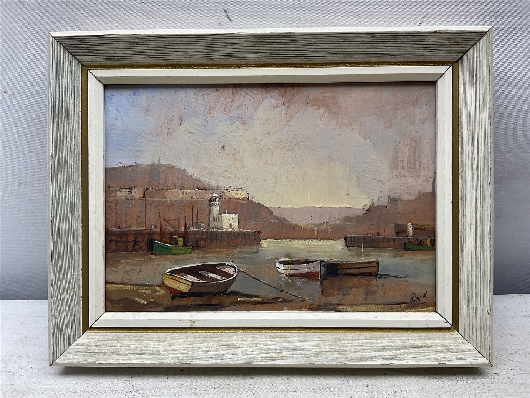 Don Micklethwaite (British 1936-): Scarborough Harbour at Sunset, oil on board signed 11cm x 16cm