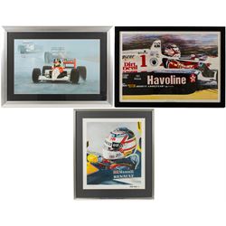 Three Formula 1 racing prints, including Nigel Mansell example signed by Nik Curry, Nigel ...
