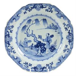 Two 18th century Chinese blue and white plates, comprising octagonal example with figural scene to centre and a larger circular example decorated with a garden scene, largest D27.5cm