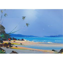 David Deakins (British 1944-): Beach Scene, impasto oil on board signed 27cm x 38cm