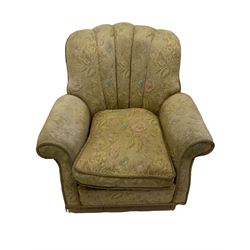 Victorian mahogany framed upholstered armchair, Edwardian armchair and a 1930s fan back armchair (3)