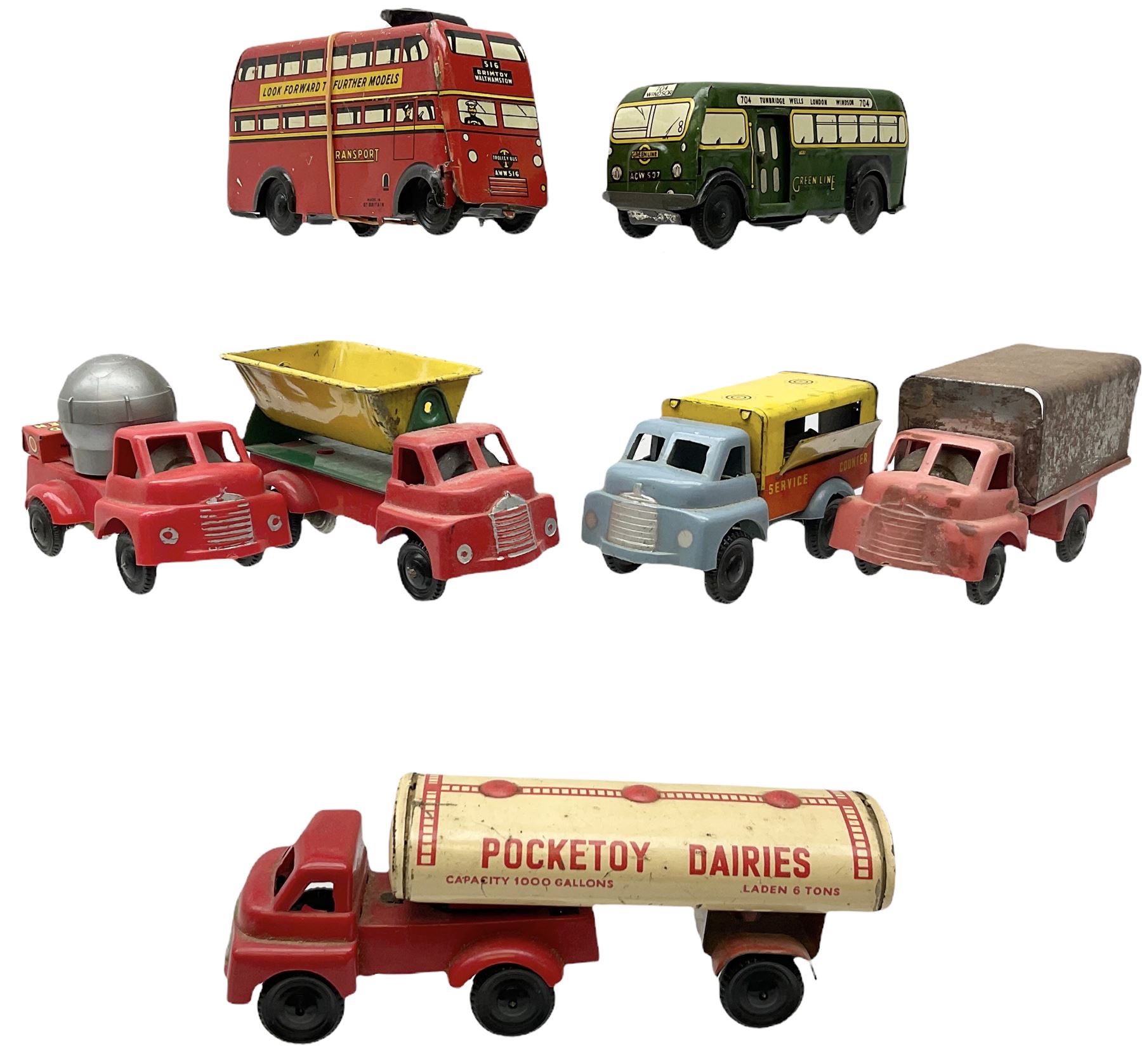 Wells Brimtoy/Pocketoy - seven tin-plate and plastic clockwork or friction-drive  vehicles comprising Milk Tanker, Greenline Coach, Liquid Oxygen Wagon, Side-Tipping Wagon, Snacks Van with drop-down counter, London Trolley Bus and covered wagon; all unboxed (7)