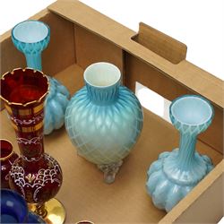 Three Victorian satin glass vases, and various other coloured glass examples