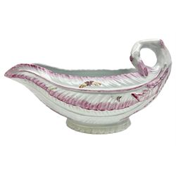 First Period Worcester sauceboat, circa 1770, of cos lettuce leaf moulded form with stalk handle, painted with insects, L18cm H10cm