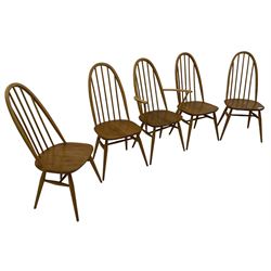 Ercol - set if five (4+1) elm and beech 'Windsor' dining chairs, high hoop and stick back, on tapering splayed supports united by H stretchers 