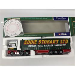 Corgi Eddie Stobart - three lorries; limited edition CC12802 Scania T-Cab Bulk Tipper; limited edition CC13201 DAF XF Super Space Cab Curtainside; and CC13401 MAN TGA Curtainside; all boxed (3)