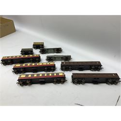 Hornby Dublo - six passenger coaches (four crimson/cream and two LMS); and nine goods wagons including two log transporters; all unboxed (15)
