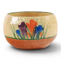 Clarice Cliff Sungleam Crocus pattern plate, together with Crocus pattern preserve jar, both with printed marks beneath, plate D23cm 
