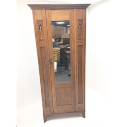  Art Nouveau narrow oak single wardrobe, projecting cornice, mirrored door (W87cm, H193cm, D48cm) and similar dressing chest, raised mirror back, two trinket drawers above two short and two long drawers (W92cm, H155cm, D51cm) (2) chest  