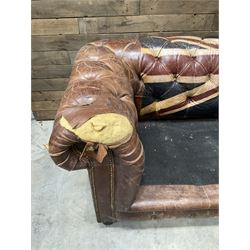 Chesterfield two sofa upholstered in brown leather, with Union Jack pattern, no seat cushions - located in storage, viewing not available