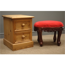  Pine two drawer beside table with plinth base, (W41cm, H54cm, D45cm), Georgian style stool upholstered in red fabric, cabriole supports, (W36cm, H44cm, L55cm)  