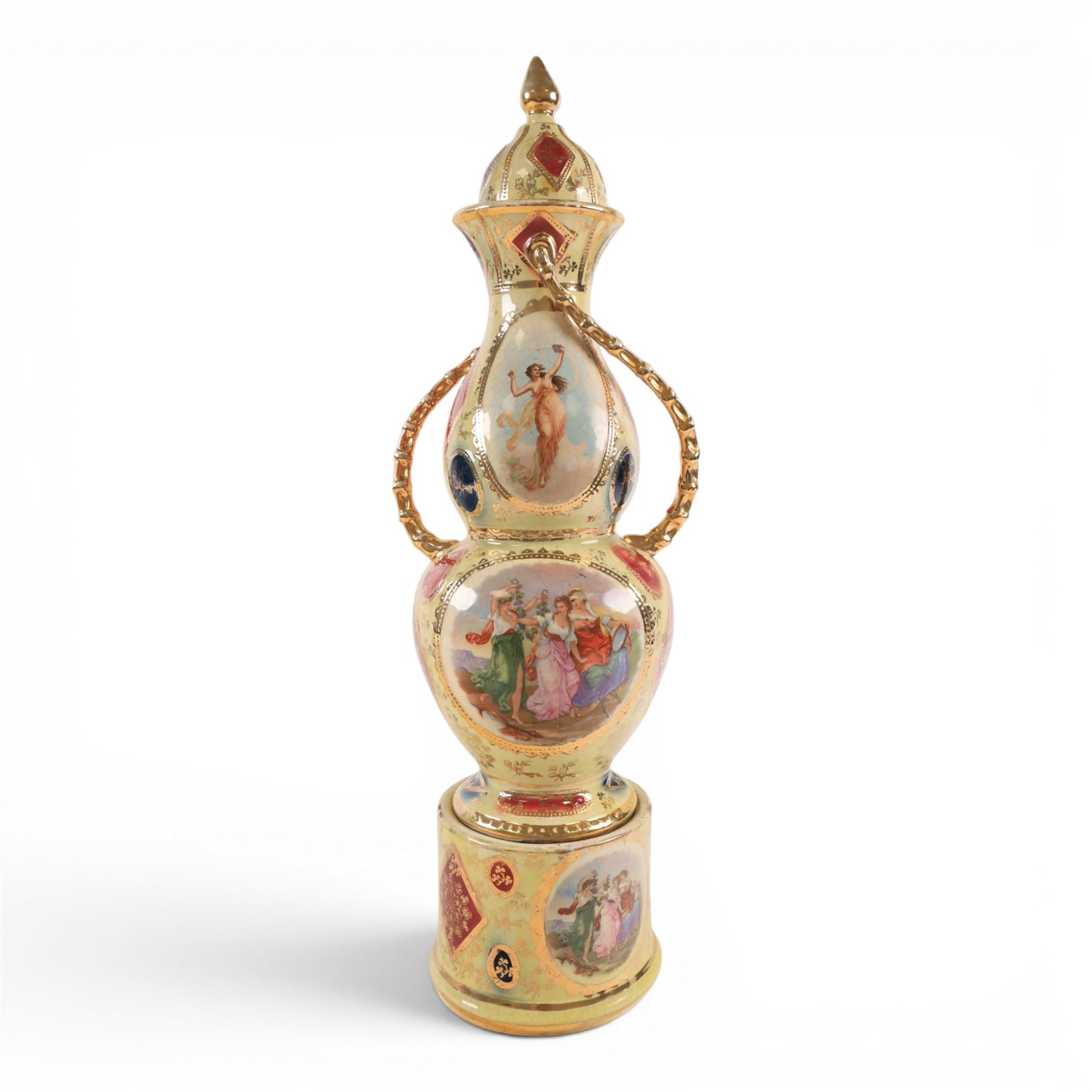 Large Royal Vienna covered urn, the central panels decorated with dancing figures and gilt detail, with twisted handles, H56cm