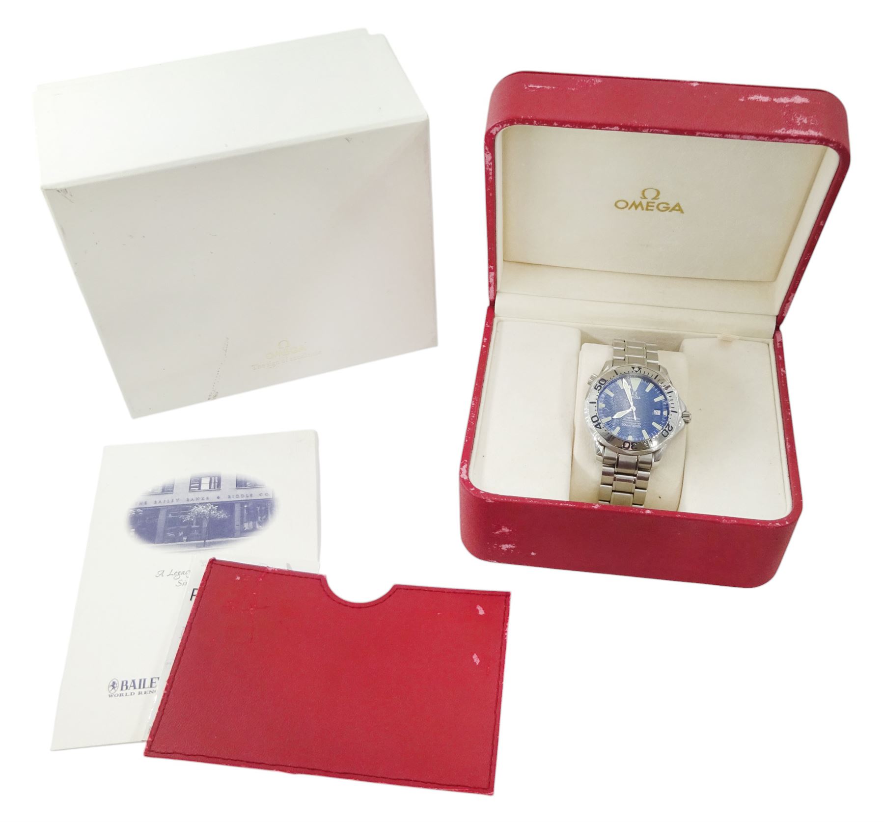 Omega Seamaster gentleman's stainless steel automatic wristwatch, Ref. 168 1640, Cal. 1120, serial No. 80529960, blue wave dial with date aperture and unidirectional rotating bezel, on original stainless steel strap with fold-over clasp, boxed with receipt