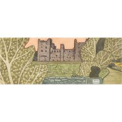 John Brunsdon ARCA (British 1933-2014): Views of Bolton Castle - Wensleydale, set three limited edition coloured etchings with aquatint signed titled and numbered in pencil 29cm x 11cm (3) (2 unframed)