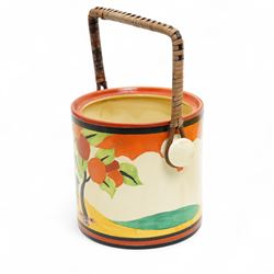 Clarice Cliff Bizarre 'Gayday' pattern bowl, D18cm; and rare 'Applique' pattern biscuit barrel, c1930, decorated with an orange tree and a caravan beside a river, H13cm, each with printed marks to base (2)