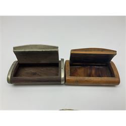 Five snuff boxes, including novelty snuff box in the form of a shoe, pierced example, rectangular hinged lid with white metal decoration and two others  