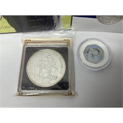 Commonwealth Of The Bahamas 1978 silver proof ten dollars coin with certificate, Queen Elizabeth II Turks and Caicos Islands silver twenty crowns coin in commemorative first day cover, The Royal Mint United Kingdom 2018 'Celebrating the 70th Birthday of HRH The Prince of Wales' five pound coin in card folder and 2022 The Snowman and The Snowdog coloured fifty pence coin