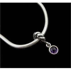 Collection of silver Pandora jewellery comprising a bracelet with thirteen Pandora charms and safety chain, necklace with one Pandora charm, and one stone set ring, in Pandora box