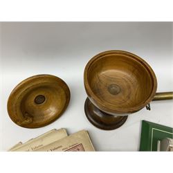 Olive wood lidded urn/vase, brass inkwell, Art Deco style perpetual desk calendar, leather bound Chesterman tape measure, brass roasting spit, Punch Magazines etc