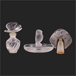 Lalique glass pin dish, with a frosted bird to the center, together with two Lalique scent bottles, pin dish H8cm