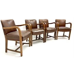 Set four mid century oak framed boardroom chairs, upholstered back and seat, shaped arms, square tapering supports joined by stretchers
